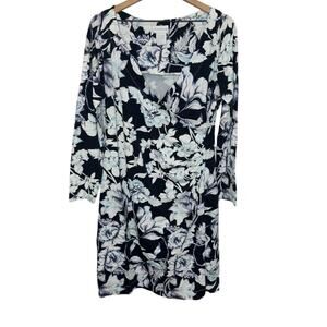 SOFT SURROUNDINGS Women's Large Blue Black Floral V Neck Faux Wrap Sheath Dress